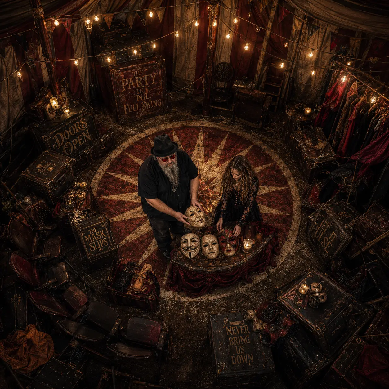 Looking down into the tent from above: Ted and the woman lay four masks out on a red cloth in the middle of a painted starburst ring, ringed by lit bulbs and lettered trunks.