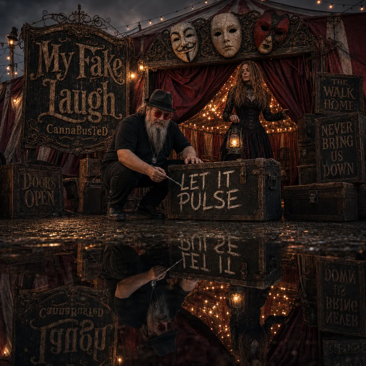 Ted crouches in the rain chalking Let It Pulse onto a trunk beside the lit stage, the woman holding a lantern behind him, everything doubled in the wet ground.