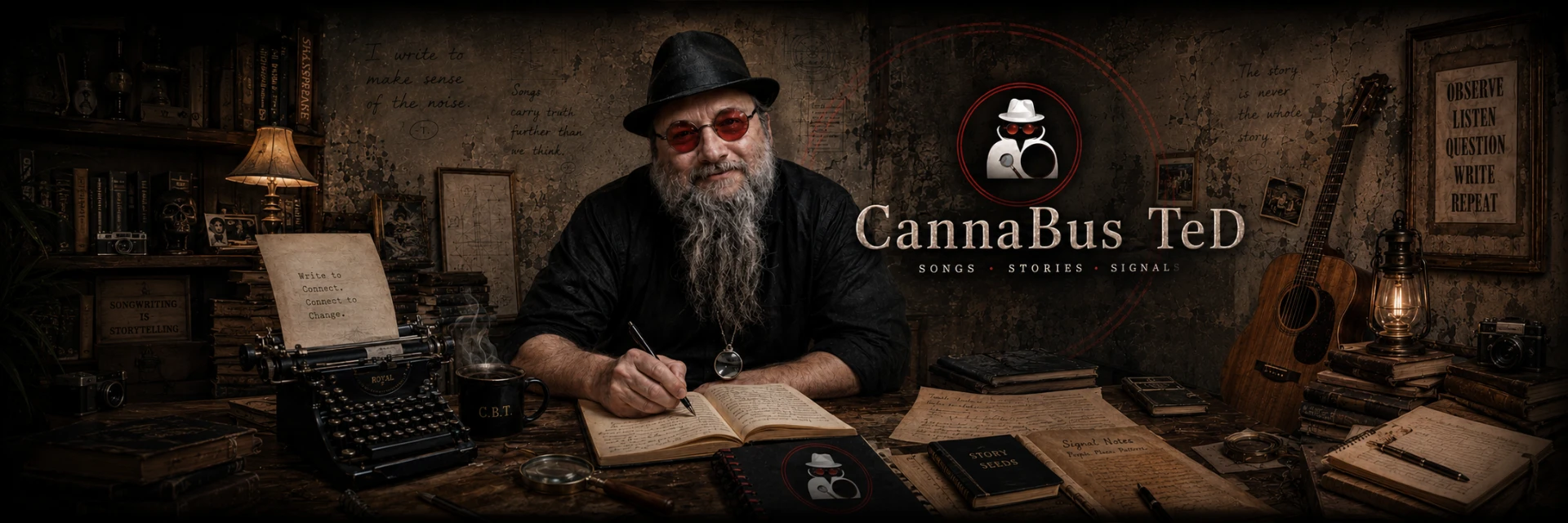 CannaBusTeD writing by lamplight at a desk of books and papers
