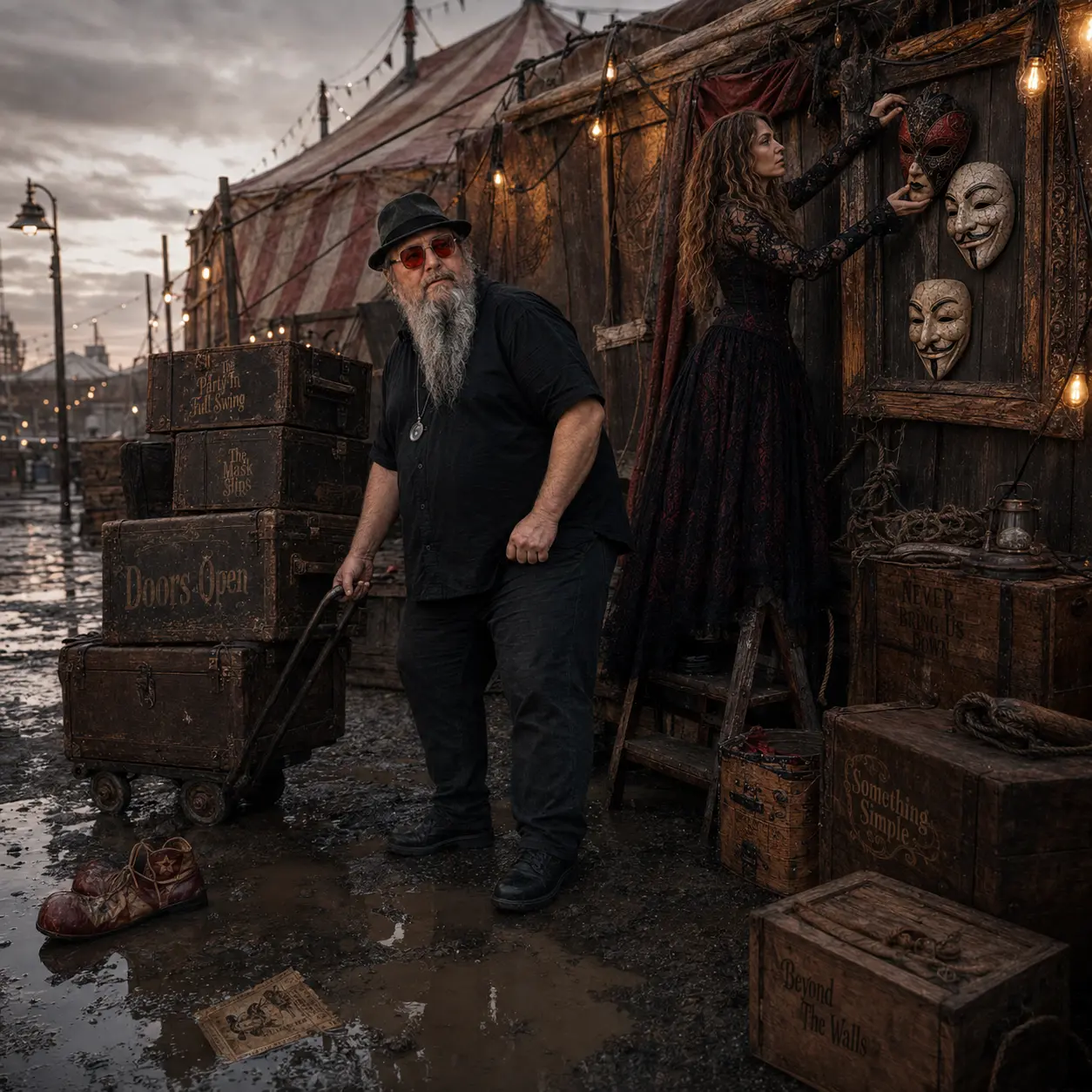 At dusk on a wet promenade, Ted wheels a stack of lettered trunks on a sack barrow while the woman hangs carnival masks on a wooden wall behind him, a striped tent and strung lights beyond.