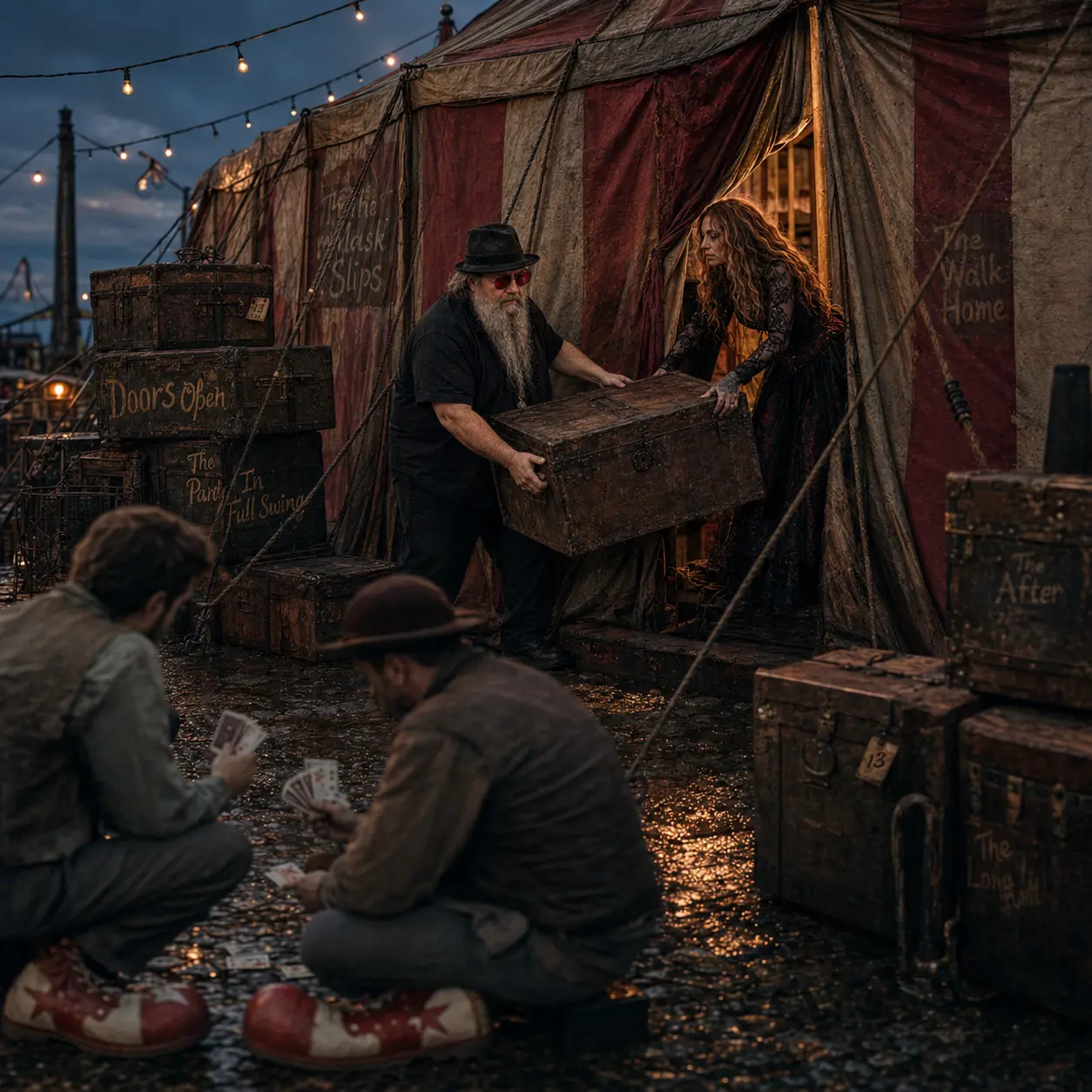 Ted lifts a heavy trunk out of the tent doorway while the woman holds the flap open, two men playing cards in clown shoes in the foreground, trunks lettered Doors Open, The Party In Full Swing, The Mask Slips and The Walk Home stacked around them.