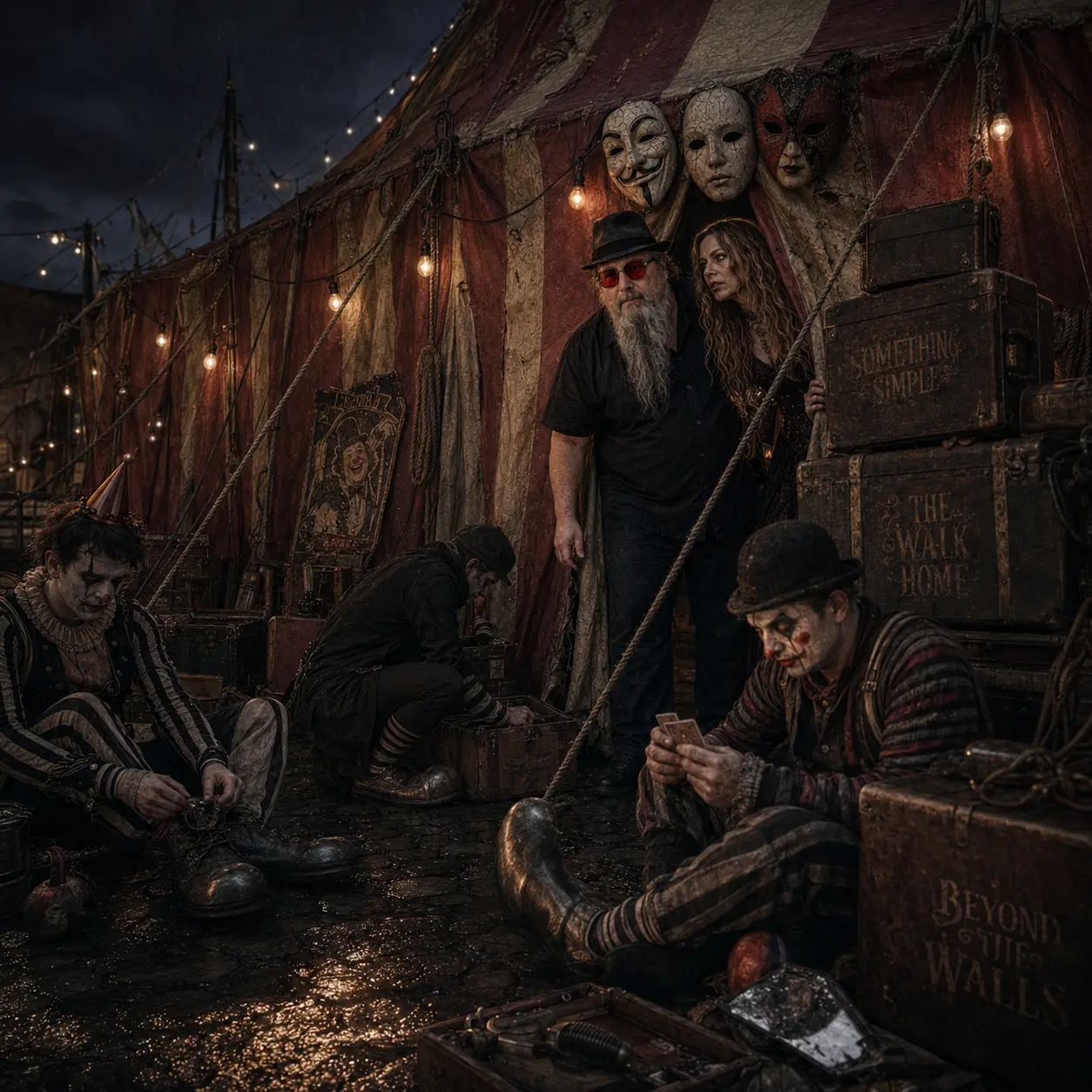 Outside the tent at night: two clowns rest on the wet ground, one lacing a boot and one holding playing cards, while Ted and the woman stand in the entrance beneath three hanging masks and trunks lettered Something Simple, The Walk Home and Beyond The Walls.