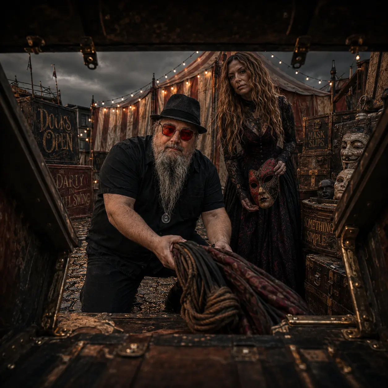 Seen from inside an open trunk, Ted lowers a bundle of rope and cloth into it while the woman stands beside him holding a red carnival mask, lettered trunks and masks ranged behind them.