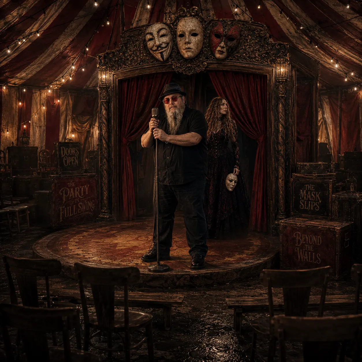 Ted sings into a vintage microphone on the round tent stage under three masks, the woman standing behind him holding a mask by its edge, empty chairs in front.